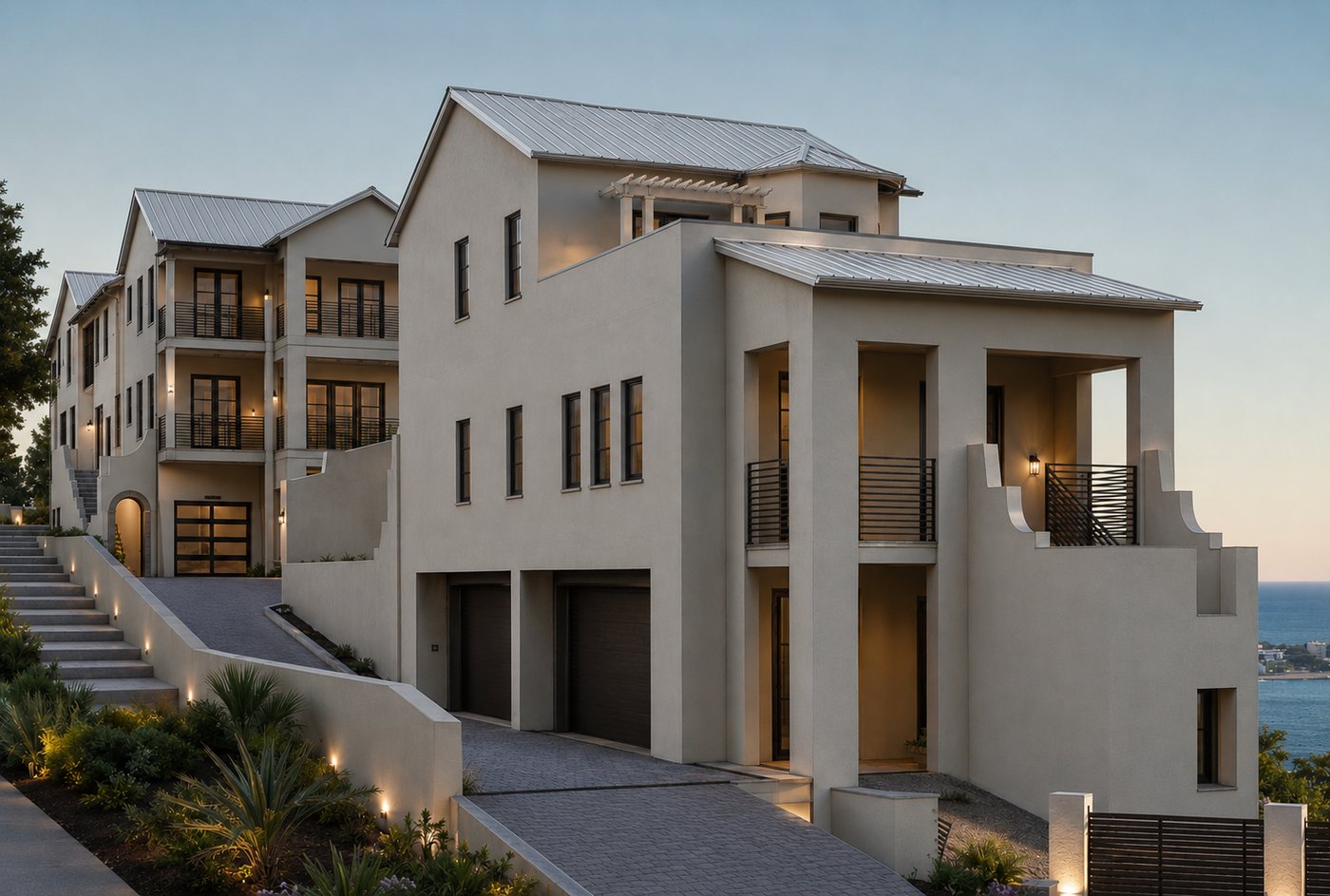 Custom residence at Carillon Beach, Florida — reinforced masonry with stucco, standing seam roof, the Gulf beyond